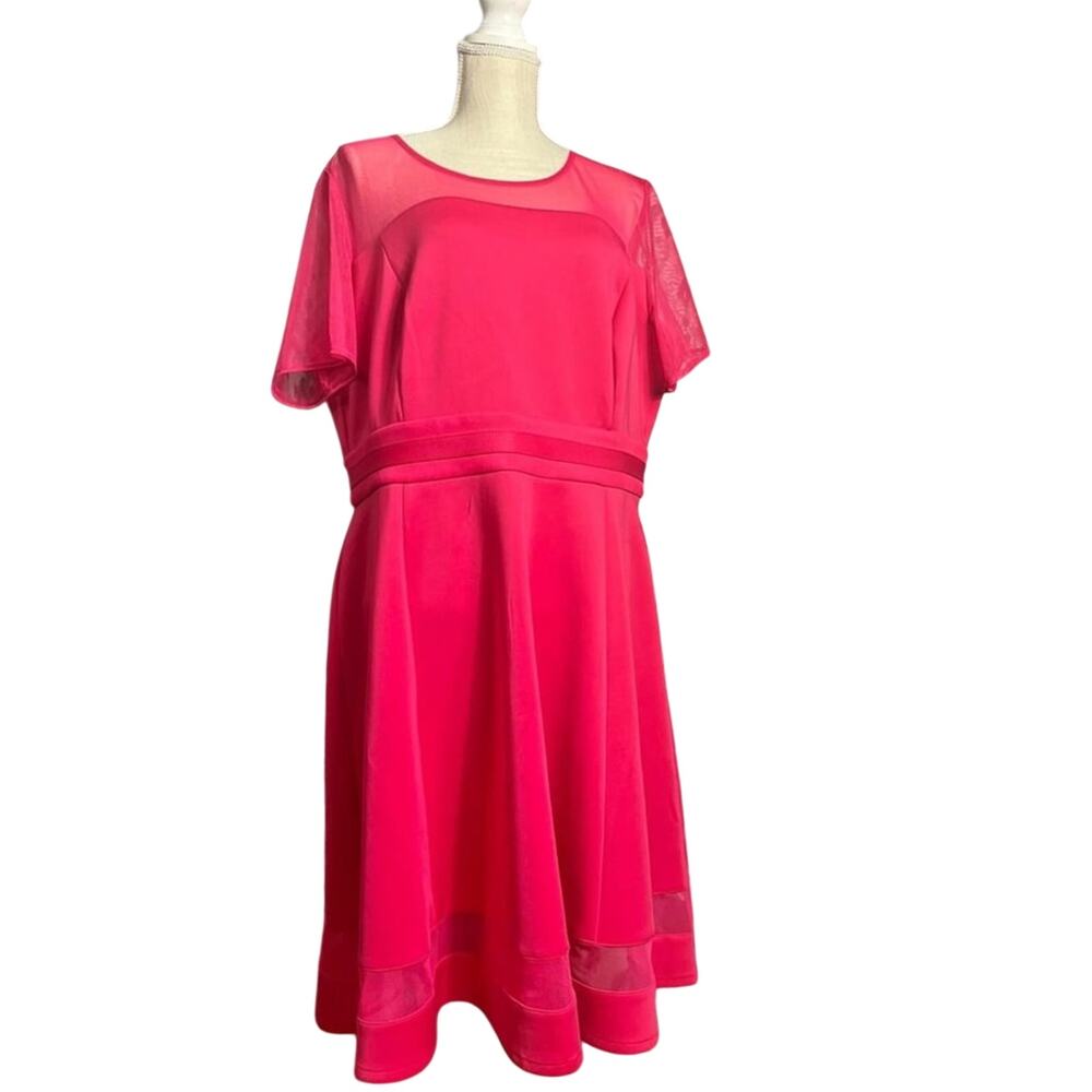 Lane Bryant Hot Pink Scuba Fit Flare Midi Dress Mesh Yoke 2X NWT Coquette